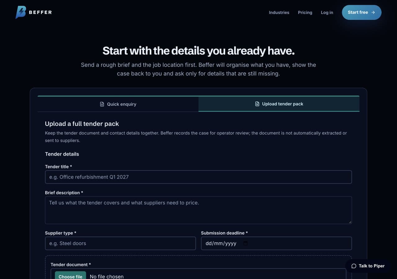 Beffer tender upload interface with document, deadline and supplier-type fields
