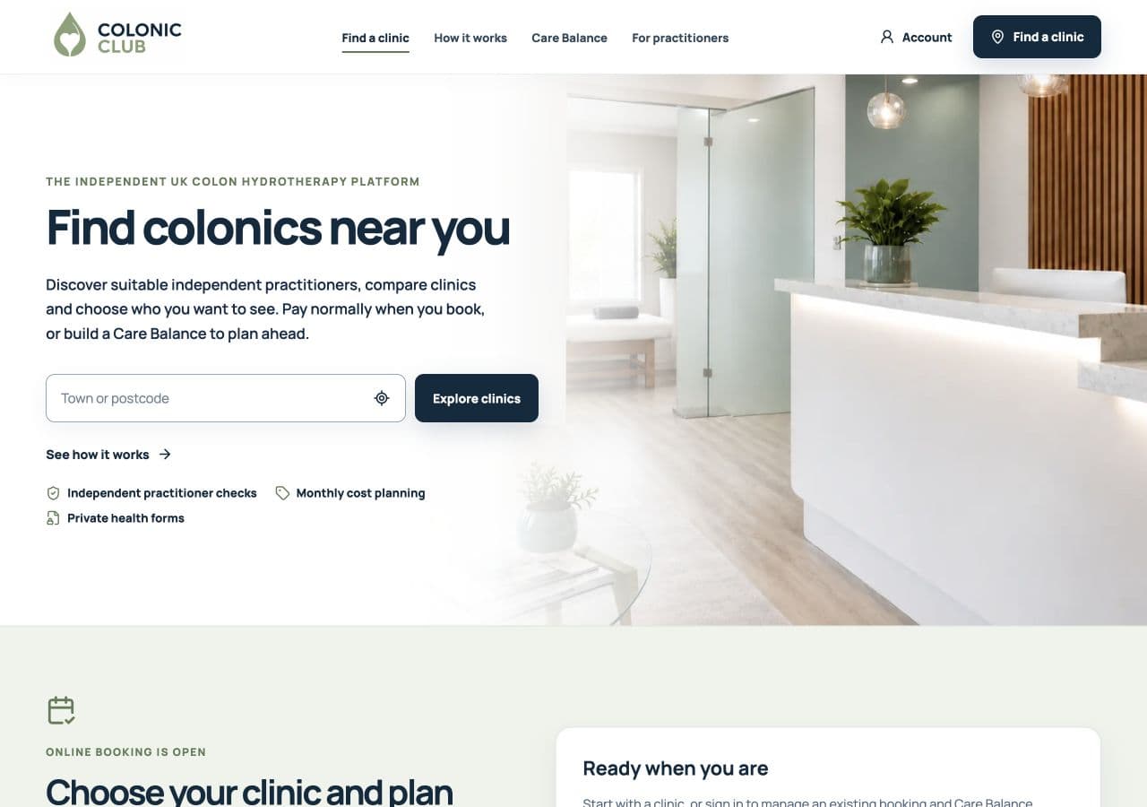 Colonic Club public clinic-discovery page with location search and booking entry points