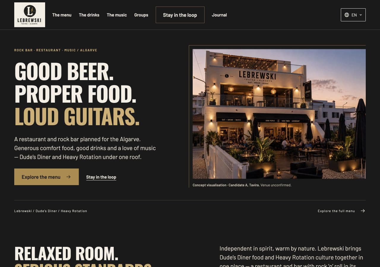 Lebrewski public website showing food, drink and music positioning with a labelled venue concept