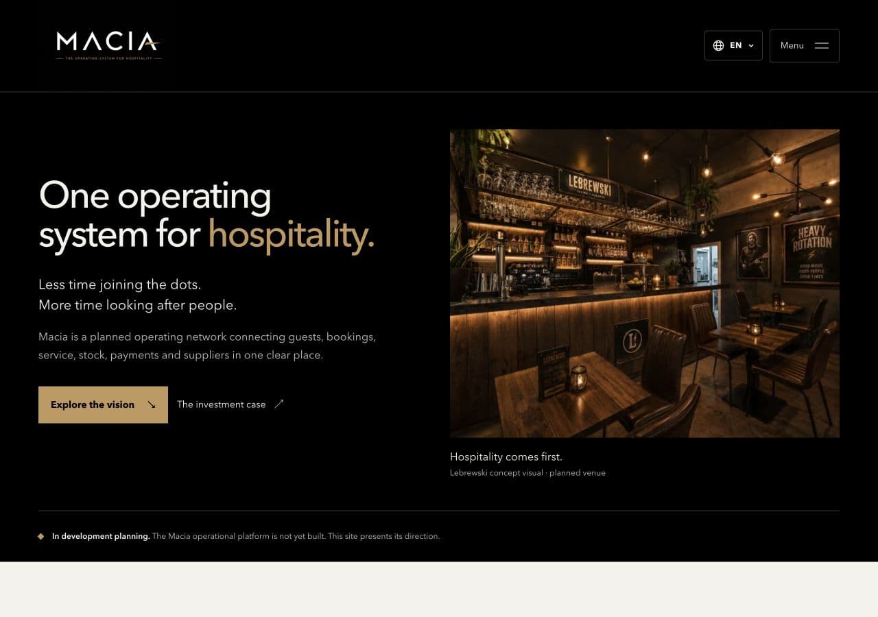 Macia public website presenting its planned hospitality operating network